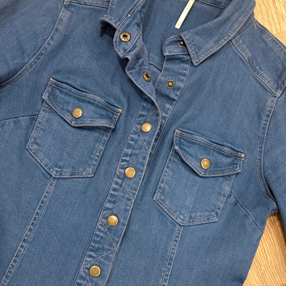 Free People Dark Blue Jean Jacket with Brass Buttons - Picture 3 of 5